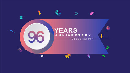 96th years anniversary celebration with colorful design, circle and ribbon isolated on dark background
