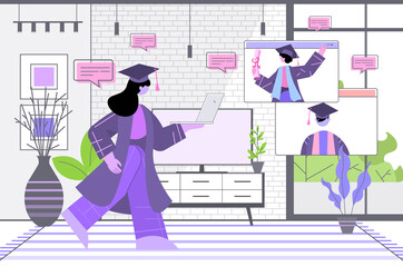 graduated students discussing during video call graduates celebrating academic diploma degree education