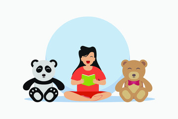 Reading book vector concept: Little girl reading a book with her dolls while sitting together on the floor