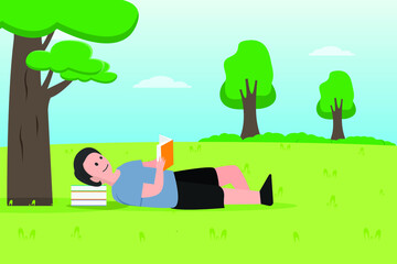 Reading book vector concept: Little son reading a book in the park while lying on the pile of books 