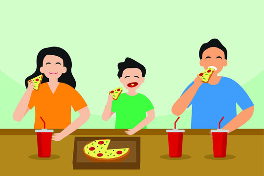 Quality time vector concept: Little son and young parents eating pizza together while enjoying quality time 