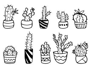 Potted cactus icons set. Doodle style.