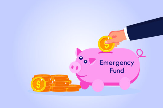 Emergency Fund Vector Concept. Hand Saving Money For Emergency Fund In A Piggy Bank