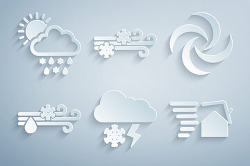 Set Cloud with snow and lightning, Tornado, Wind rain, swirl, and snow, sun icon. Vector