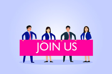 Join Us vector concept. Business people showing a banner with Join Us text
