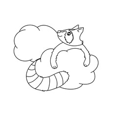Vector coloring book for children raccoon in the clouds. Hand drawn outline illustration in black ink.
