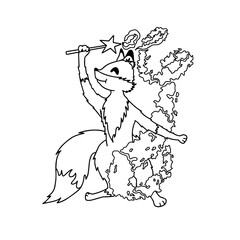Vector coloring book for children sorceress fox conjures a magic wand. Hand drawn outline illustration in black ink.