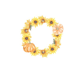Watercolor sunflowers wreath with pumpkins, autumn template