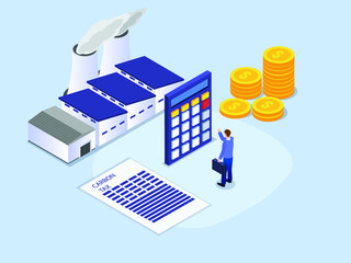 Carbon tax isometric vector concept. Businessman with carbon tax document, calculator, factory, and money