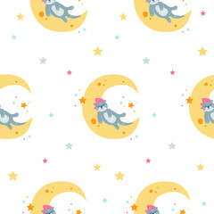 Vector seamless childish pattern with a cute cartoon otter sleeps on the moon on a white background. 