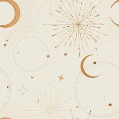 Sun and moon tarot sign seamless pattern design , celestial frawing, gold print . Eclipse decorative surface cover, boho tarot sacret geometry frame