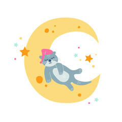 A cute cartoon otter sleeps on the moon. Vector illustration.