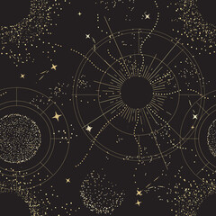 Galaxy universe mystic background, Night sky design. sacred geometry signs  . Constellation, Sun,  Moon Gold celestial seamless pattern, boho print