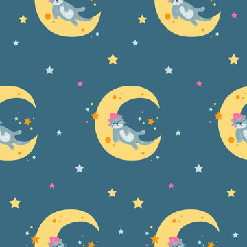 Vector seamless childish pattern with a cute cartoon otter sleeps on the moon on a dark blue background. 