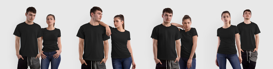 Mockup of a stylish black T-shirt on a couple, a girl, a guy, isolated on a background in the studio.