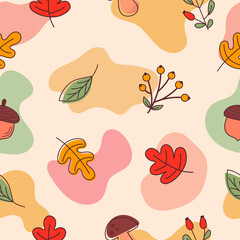 Autumn seamless pattern with red, green and yellow fall oak leaves, berries, mushroom and acorn on a beige background. Perfect for wallpaper, gift paper, web page background. Vector illustration