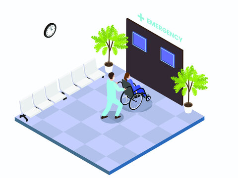 Emergency Room Isometric Vector Concept. Doctor Talking With Patient Family In Front Of Emergency Room