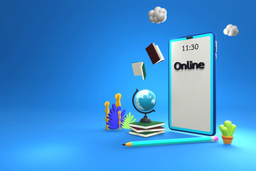 School online education with a mobile application with books, pencils, world globe, plant on gradient blue background. Online training course. Digital Library. 3D rendering.