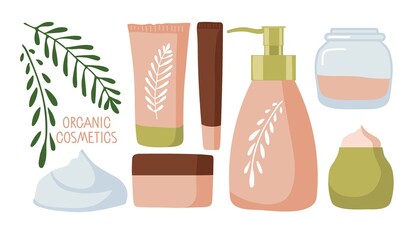 Organic cosmetics. Beauty set. Spa and natural cosmetic elements. Cartoon vector illustration. Cream jar, tubes, bottles In modern style in pastel tones. Home body and facial skin care, hair care set