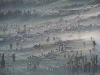 In the morning, the village in the mountain valley under Mount Bromo is covered with fog. It looks as if in a painting