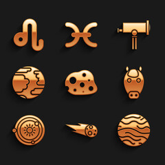 Set Asteroid, Comet falling down fast, Planet Venus, Horse zodiac, Solar system, Mercury, Telescope and Leo icon. Vector