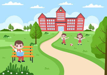Obraz na płótnie Canvas Back To School, Modern Building and Some Children Are Playing In The Front Yard. Background Landing Page Illustration