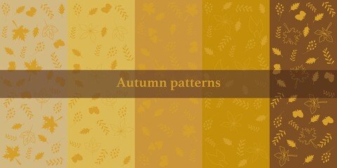 Autumn and winter concept patter collection. Autumn leaves and acorns and berries decoration on yellow tone colors background. Autumn patter vector illustration.
