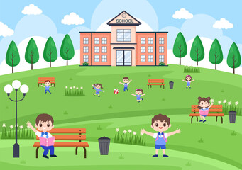 Obraz na płótnie Canvas Back To School, Modern Building and Some Children Are Playing In The Front Yard. Background Landing Page Illustration