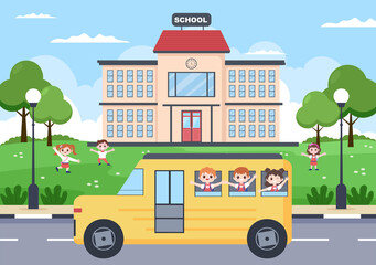 Back To School, Modern Building and Bus in the Front Yard With Some Children. Background Landing Page Illustration