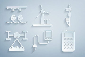 Set Sensor, Standalone sensor, Smart farm with drone, Remote control, Wind turbine and bulb plant icon. Vector