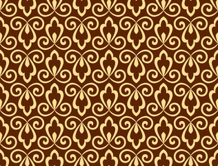 Flower geometric pattern. Seamless vector background. Dark brown and gold ornament