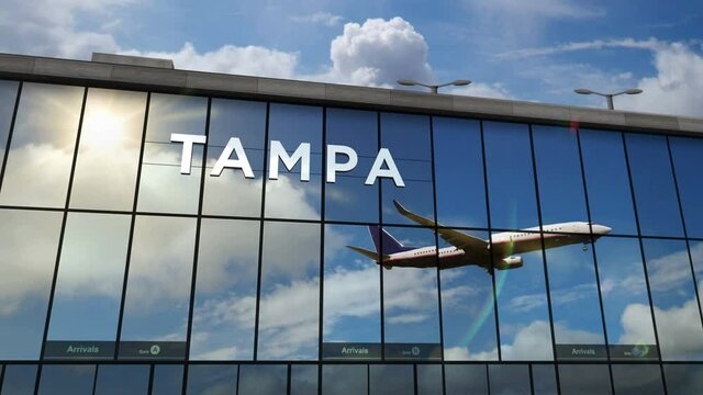 Jet aircraft landing at Tampa, Florida, USA 3D rendering animation. Arrival in the city with the glass airport terminal and reflection of the plane. Travel, business, tourism and transport concept.