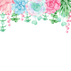 Colorful watercolor flower frame border with succulents. Hand-drawn. Perfect for wedding, frames, quotes, template, greeting cards, logo, invitations, lettering, other creative ideas.