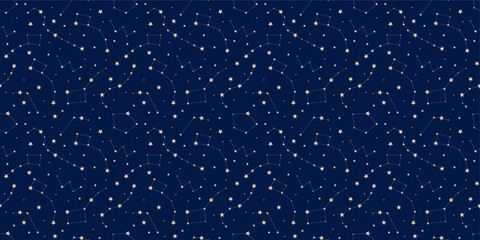 Vector Seamless Pattern, Starry Sky, Pastel Colors, Night Sky, Constellations and Stars, Background.
