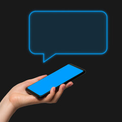 Phone message, chat. A woman's hand holding the phone in her hand on a dark background, the chat window is added as a graphic element.