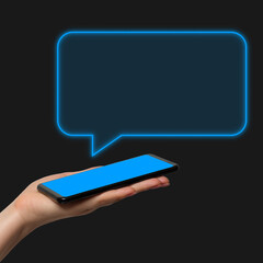 Phone message, chat. A woman's hand holding the phone in her hand on a dark background, the chat...