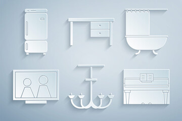 Set Chandelier, Bathtub with shower curtain, Picture frame on table, Grand piano, Office desk and Refrigerator icon. Vector