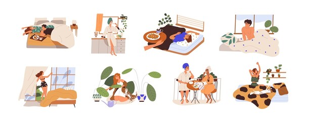 Set of happy people and their morning routine and habits. Sleepy man and woman waking up, stretching in bed, eating breakfast. Flat graphic vector illustration of wakeup isolated on white background