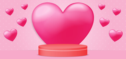 Realistic and 3D background. Beautiful pink background with podium and heart-shaped decoration