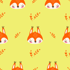 Vector seamless pattern with a cute muzzle of a squirrel and twigs on a yellow background.