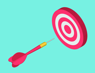 Red dart hit to center of dartboard. Arrow on bullseye in target. Business success, investment goal, marketing challenge, financial strategy, purpose achievement, focus ideas concept. 3d vector