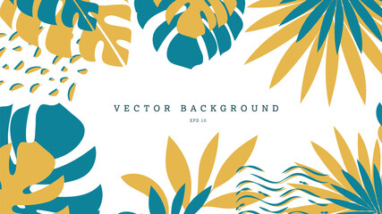 Vector tropical background with yellow, blue exotic monstera leaves, palms, abstract elements.