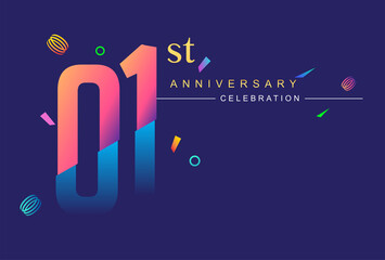 1st anniversary celebration with colorful design, modern style with ribbon and colorful confetti isolated on dark background, for birthday celebration.