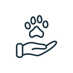 Animal Paw and Human Hand Linear Icon. Animal Donation, Care and Protection concept. Adoption of Pets, Shelter, Charity Line Icon. Animal welfare Pictogram. Editable Stroke. Vector illustration