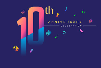 10th anniversary celebration with colorful design, modern style with ribbon and colorful confetti isolated on dark background, for birthday celebration.