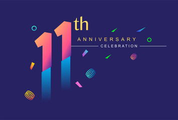 Fototapeta premium 11th anniversary celebration with colorful design, modern style with ribbon and colorful confetti isolated on dark background, for birthday celebration.