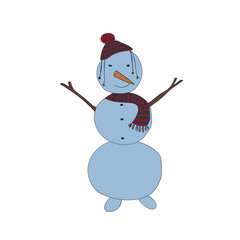 Cute snowman in striped scarf and cap on white background. Funny cartoon character for winter design. Vector illustration.