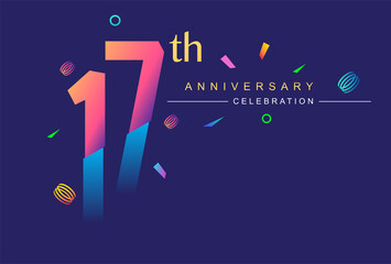 17th anniversary celebration with colorful design, modern style with ribbon and colorful confetti isolated on dark background, for birthday celebration. - obrazy, fototapety, plakaty