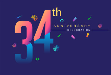 34th anniversary celebration with colorful design, modern style with ribbon and colorful confetti isolated on dark background, for birthday celebration.