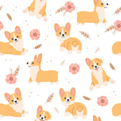 Kawaii smiling baby welsh corgi cartoon seamless pattern. Happy playful cute dog with flowers repeat white background. Funny domestic puppy flat doodle characters. Vector hand drawn kids illustration